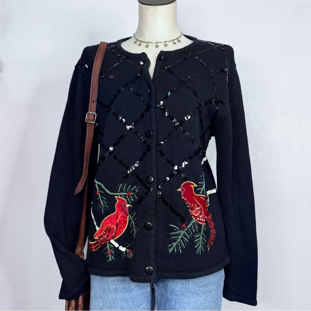 Vintage Cardinal Bird Embroidered Cardigan Sweater Sequin Black Medium Holiday